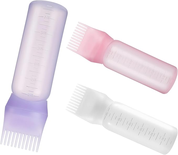 3PCS Root Comb Applicator Bottle 6oz,Hair Oil Applicator with Graduated Scale, Hair Oiling Bottle Brush for Home or Salon Use（3 Colors