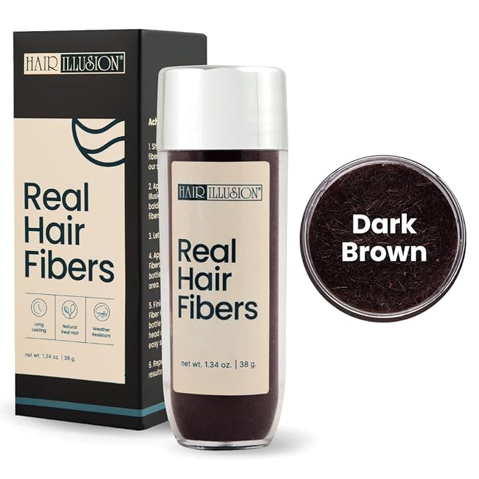 Hair Illusion Dark Brown Real Hair Fibers and Holding Spray for Thinning Hair and Bald Spot Cover Up - 100% Natural Texture, Non-Synthetic Fibers for Women & Men - 38 Gram