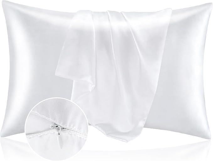 BEDELITE Satin Pillowcase with Zipper, White King Size Pillow Cases Set of 2, Super Soft and Cooling Similar to Silk Pillow Cases, Gift for Women Men(20x36 Inches)