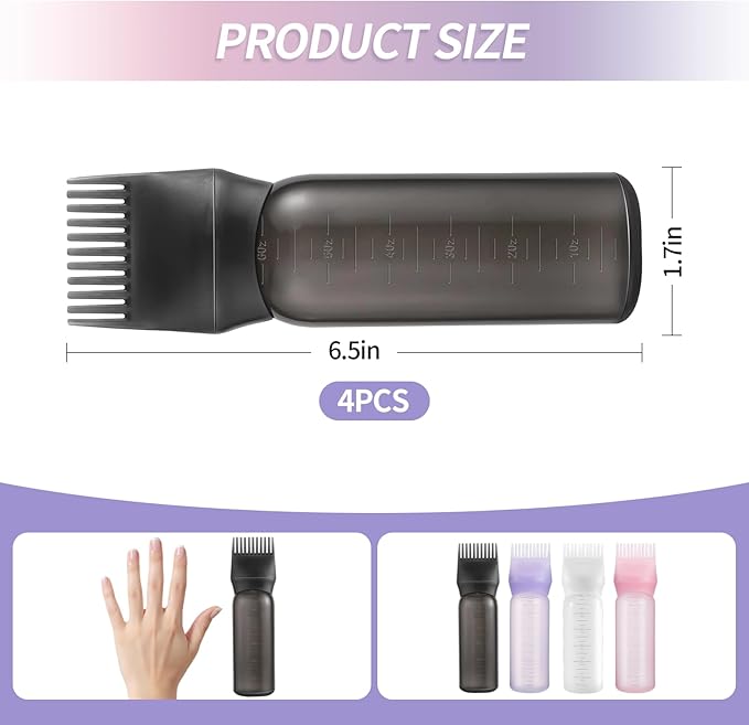 4PCS Root Comb Applicator Bottle 6oz,Hair Oil Applicator with Graduated Scale, Hair Oiling Bottle Brush for Home or Salon Use（4 Colors