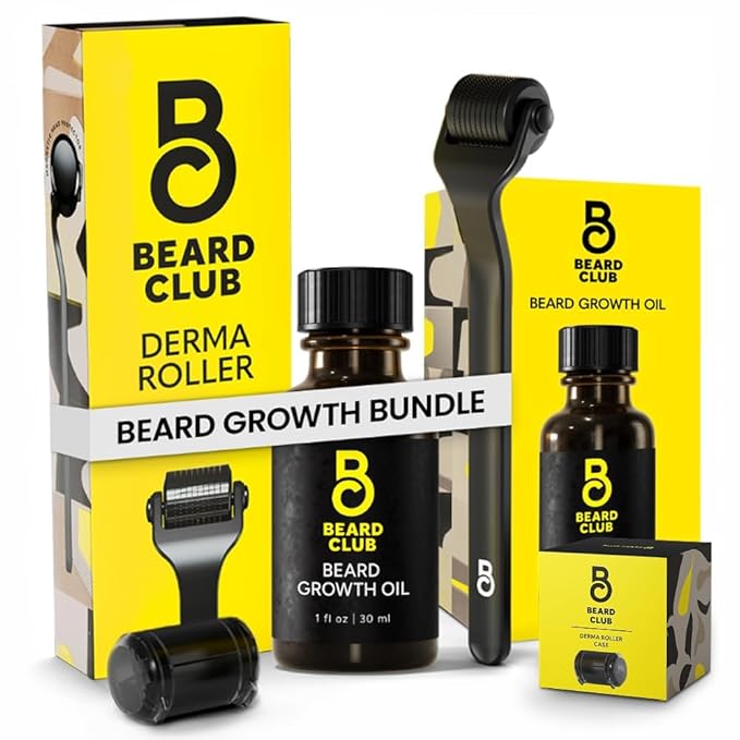 Beard Club Premium Derma Roller & Beard Growth Oil - Microneedling Roller with 540 Titanium Microneedles for Face, Body and Scalp - Beard Roller with Sandalwood & Cedar Beard Oil