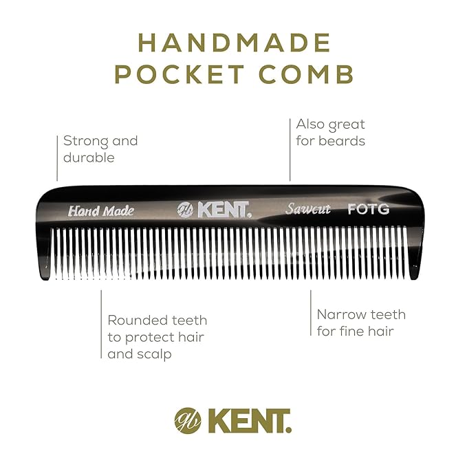 Kent FOT Black Graphite Fine Tooth Beard Comb - 4.5" Handmade Pocket Travel Comb for Men - Styling Combs for Fine or Thinning Hair, Mustache and Beard Care and Hair Care Kent