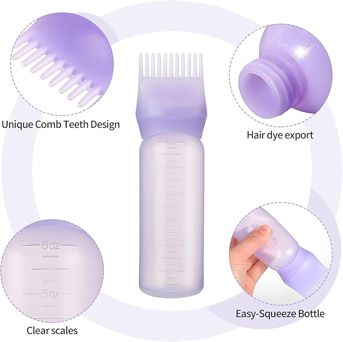 4PCS Root Comb Applicator Bottle 6oz,Hair Oil Applicator with Graduated Scale, Hair Oiling Bottle Brush for Home or Salon Use（4 Colors