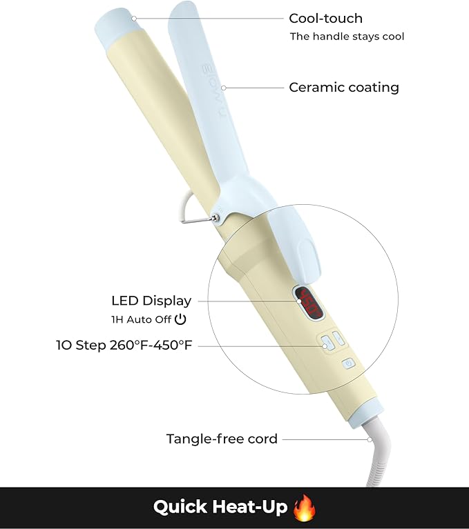 Curling Iron 1 1/2 Inch - 7.3" Long Barrel Ceramic Hair Curler for Blowout, Beach Waves - Curling Wand Designed for Long Hair - Marshmallow