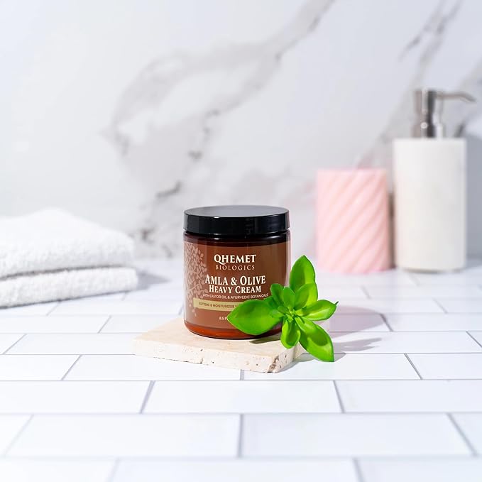 Qhemet Biologics Amla & Olive Heavy Cream - Moisturizing Balm for Extremely Dry & 4C Hair - Adds Soft, Supple Moisture & Hydration to Afros, Coils, Curls, Puffs, Twists, Braids, Locs & More (8.9 oz)