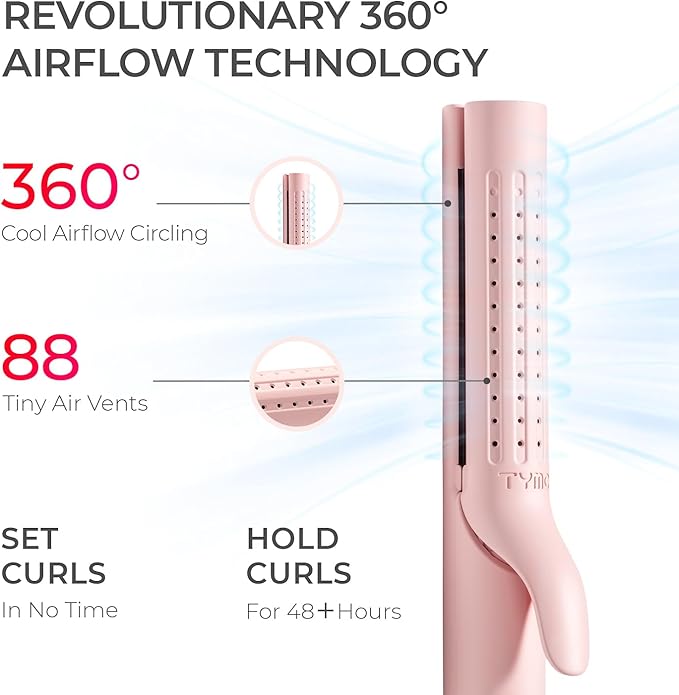 TYMO Airflow Curling Iron for Lasting Curls - Flat Iron Hair Straightener and Curler 2 in 1, Anti-Scald Ionic Curling Wand 1.25 Inch, 360° Cool Air, 5 Temps & Dual Voltage for Long Short Hair, Pink