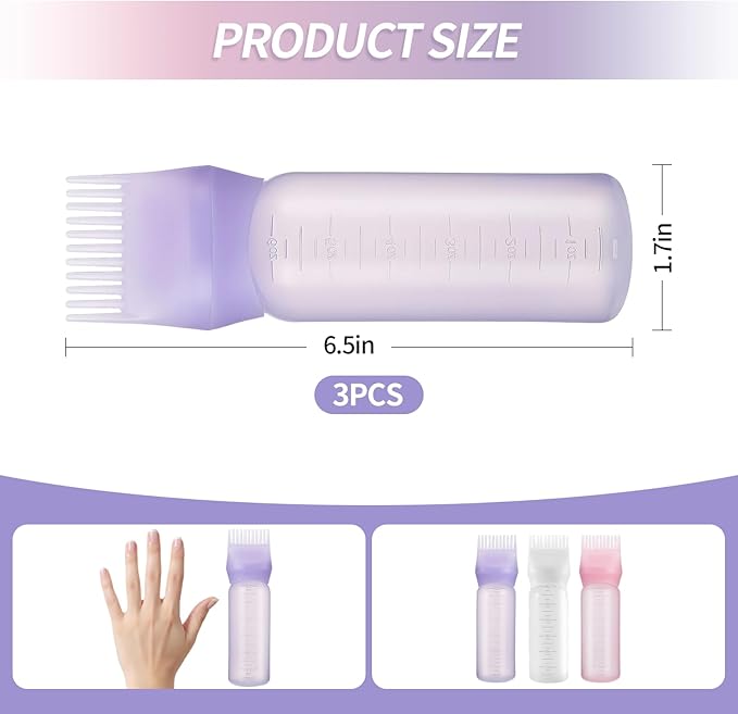 3PCS Root Comb Applicator Bottle 6oz,Hair Oil Applicator with Graduated Scale, Hair Oiling Bottle Brush for Home or Salon Use（3 Colors