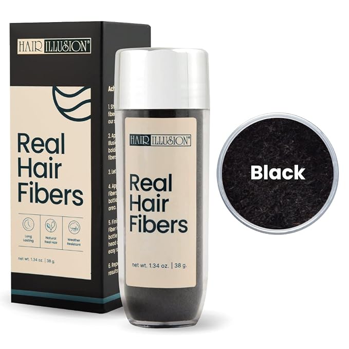 Hair Illusion Real Black Fibers 38g - Creates Fuller, Thicker Appearance for Thinning Hair and Bald Spots - Natural, Superior All Day Hold for Men and Women