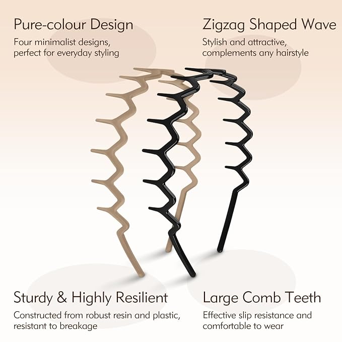 Zig Zag Headbands - 4Pcs Non Slip Comb Headband with Teeth for Women Classic Wavy Claw Headband for Men‘s Women's Hair Fashion Hair Accessories
