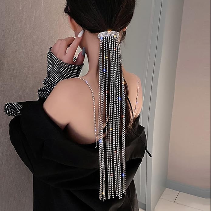 Wekicici Rhinestones Long Chain Tassel Hairwear Bling Bling Crystal Hair Shiny Hairpin Ponytail Hair Accessories for Women
