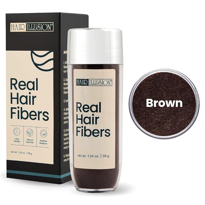 Hair Illusion Brown Real Hair Fibers and Fiber Holding Spray Bundle for Thinning Hair - 100% Natural Texture, Non Synthetic Hair Fibers - Bald Spot Cover Up for Women & Men - 38 Gram