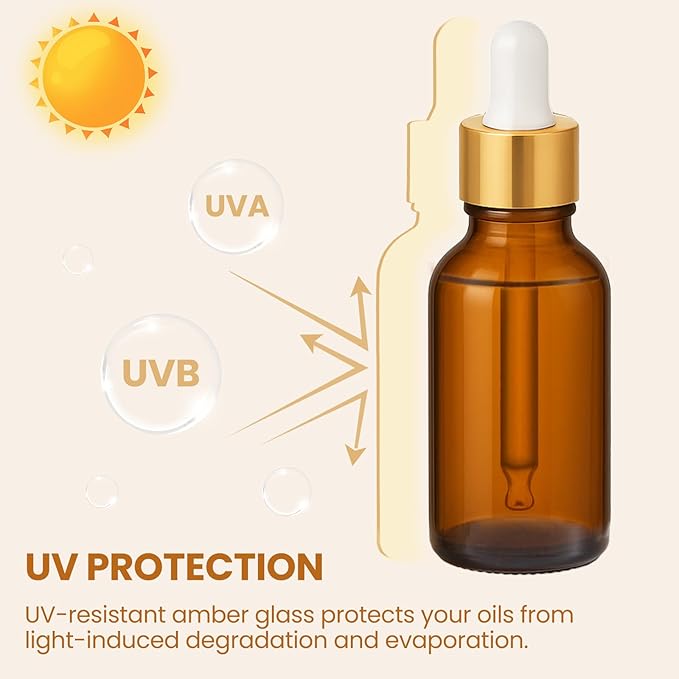 50Pack 1oz Amber Glass Dropper Bottles with Gold Lids, Funnels, Droppers, Extra Caps & Labels – Leakproof, UV Resistant 30ml Empty Bottle for Tinctures, Essential Oils, Beard, Hair Oils