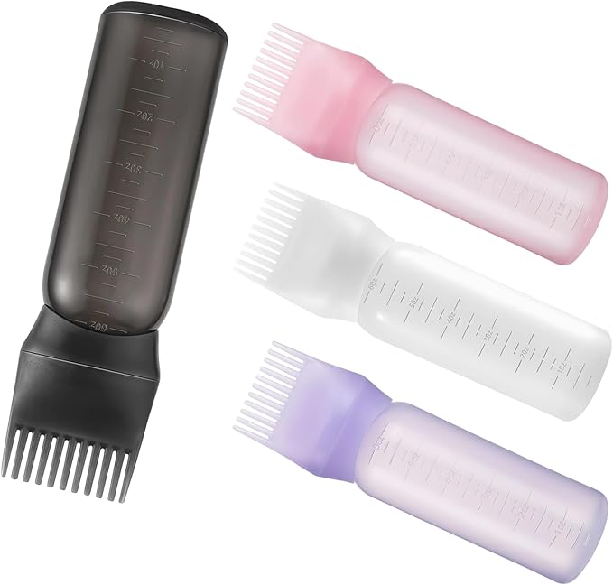 4PCS Root Comb Applicator Bottle 6oz,Hair Oil Applicator with Graduated Scale, Hair Oiling Bottle Brush for Home or Salon Use（4 Colors