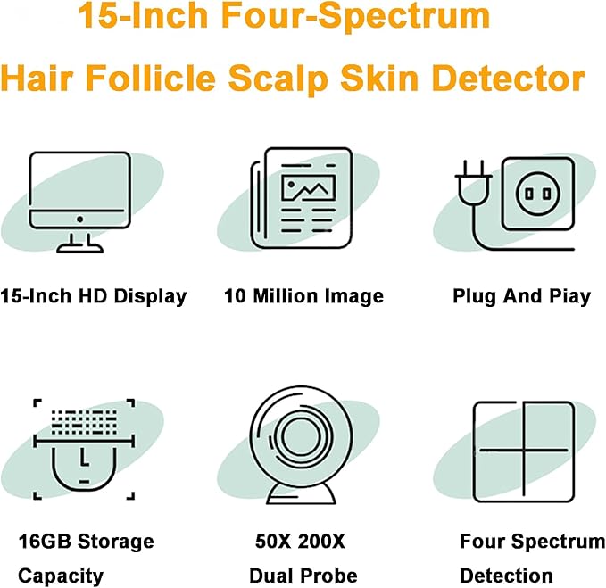Four-Spectrum Hair Scalp Skin Oil and Analyzer, 15-Inch LCD Screen Hair Skin Analyzer Machine 50X 200X Skin Hair Scalp Detector with Storage Function Four-Grid Comparison
