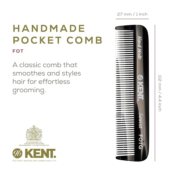 Kent FOT Black Graphite Fine Tooth Beard Comb - 4.5" Handmade Pocket Travel Comb for Men - Styling Combs for Fine or Thinning Hair, Mustache and Beard Care and Hair Care Kent