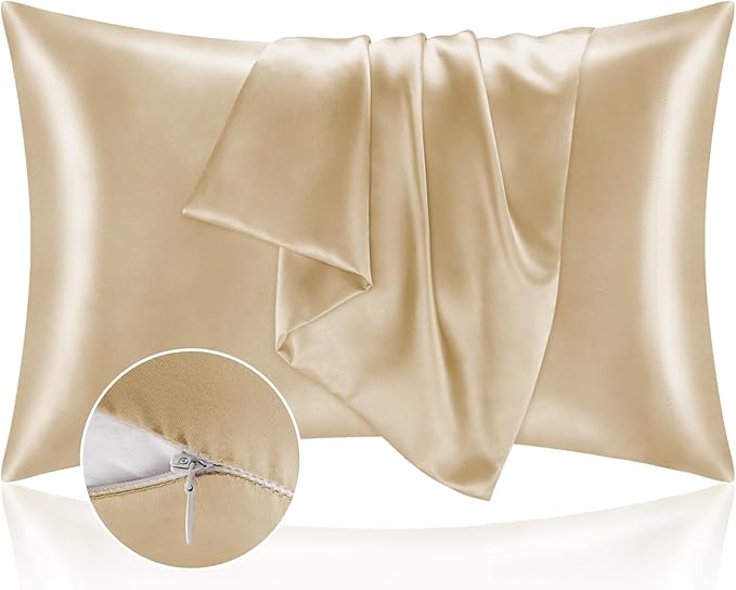 BEDELITE Satin Pillowcase with Zipper 2 Pack, Champagne Pillow Cases Standard Size, Super Soft and Cooling Similar to Silk Pillow Cases, Gift for Women Men(20x26 Inches)