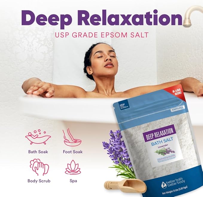 Deep Relaxation Bath Salt 128 Ounces Epsom Salt with Natural Lavender Essential Oil Plus Vitamin C in BPA Free Pouch