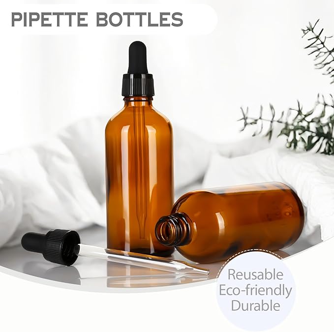 3.4 oz Amber Glass Dropper Bottles,4 Pack 100ml Empty Reusable Leak Proof Thick Tincture Bottles for Essential Oils,Hair Oil,Liquids,Laboratory,Pharmacist Bottle,Massage,Perfumery Aromatherapy