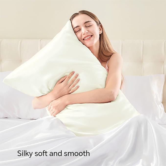 BEDELITE Satin Pillowcase with Zipper, Ivory King Size Pillow Cases Set of 2, Super Soft and Cooling Similar to Silk Pillow Cases, Gift for Women Men(20x36 Inches)