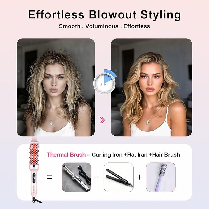 CHIKYO Upgraded Infrared Thermal Brush, 1.5 Inch Heated Round Brush, Negative Ion Curly Hair Brush, Curling Iron with Dual Voltage & Dual PTC & 6 Heat Settings, Pink