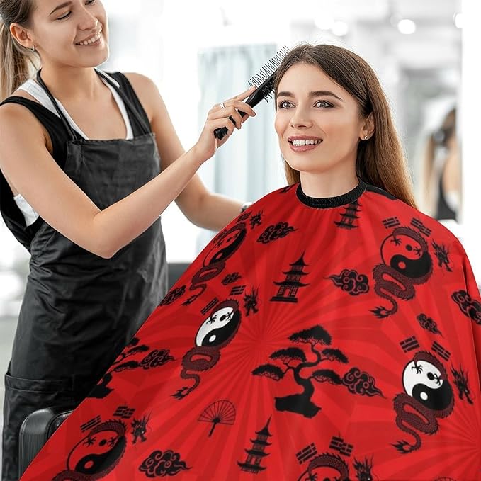 Salon Cape Yin Yang Dragon Red Hair Dress Apron Cloak, Adjustable Dyeing Salon Apron for Styling Hair Cut Hairdresser, Easy Clean