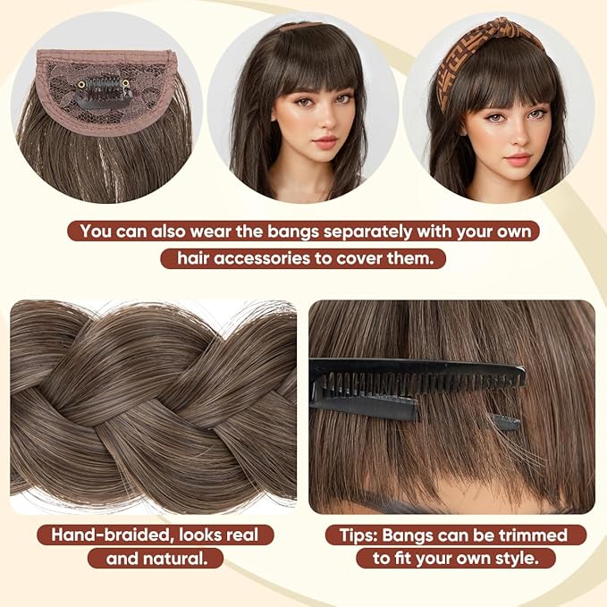 SARLA Braided Headband with 3 Detachable Clip in Bangs Fringe Hairpieces Fake Synthetic Hair Band Bangs for Women Bernstein Multi