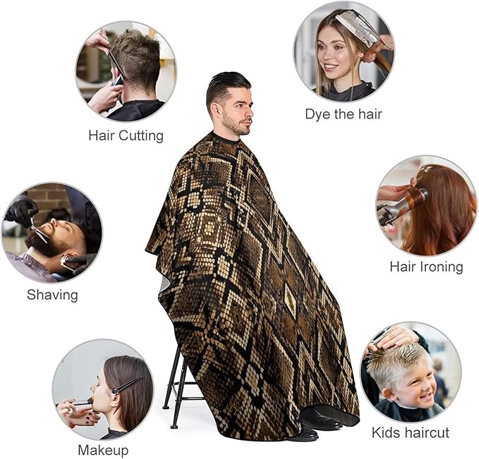 Barber Cape Cool Brown Snake Skin Hairdressing Gown Cover, Adjustable Hairdresser Apron for Hair Dye, Profession Barbershop Supplies