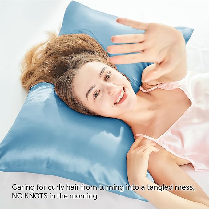 BEDELITE Satin Pillowcase with Zipper, Blue King Size Pillow Cases Set of 2, Super Soft and Cooling Similar to Silk Pillow Cases, Gift for Women Men(20x40 Inches)