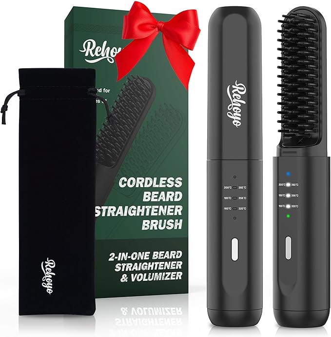 Beard Straightener for Men, Portable Cordless Heated Hair & Beard Straightening Brush with Anti-Scald & Ionic Technology, 3 Temperature Setting Comb for Home Travel