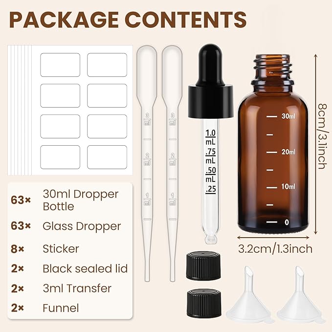 63 Pcs 1oz Amber Glass Dropper Bottles with Measurement, 30ml Leakproof Tincture Bottles with Funnels, Eye Droppers, Extra Caps & Labels, Refillable Empty Bottle for Tinctures, Essential Oils