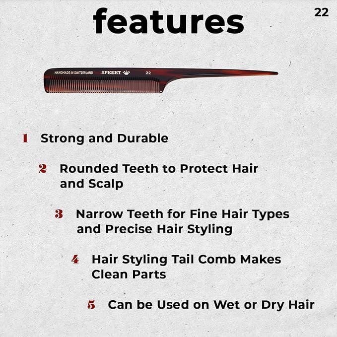 #22 Handmade Narrow Tooth Rat Tail Comb Tortoise Havana Acetate Fine Straight Thin Detangling Parting Grooming Teasing Hair Styling Hairdresser Barber Hairdressing Wet Dry Pocket Women Men Kids