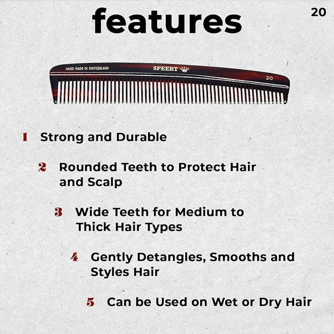 #20 Handmade Wide Tooth Comb Tortoise Havana Acetate Thick Coarse Curly Detangling Parting Grooming Teasing Hair Styling Hairdresser Barber Hairdressing Wet Dry Pocket Travel Women Men Kids