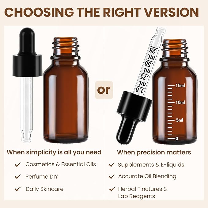 50 Pcs 1/2oz Amber Glass Dropper Bottles with Measurement, 15ml Leakproof Tincture Bottles with Funnels, Eye Droppers, Extra Caps & Labels, Refillable Empty Bottle for Tinctures, Essential Oils