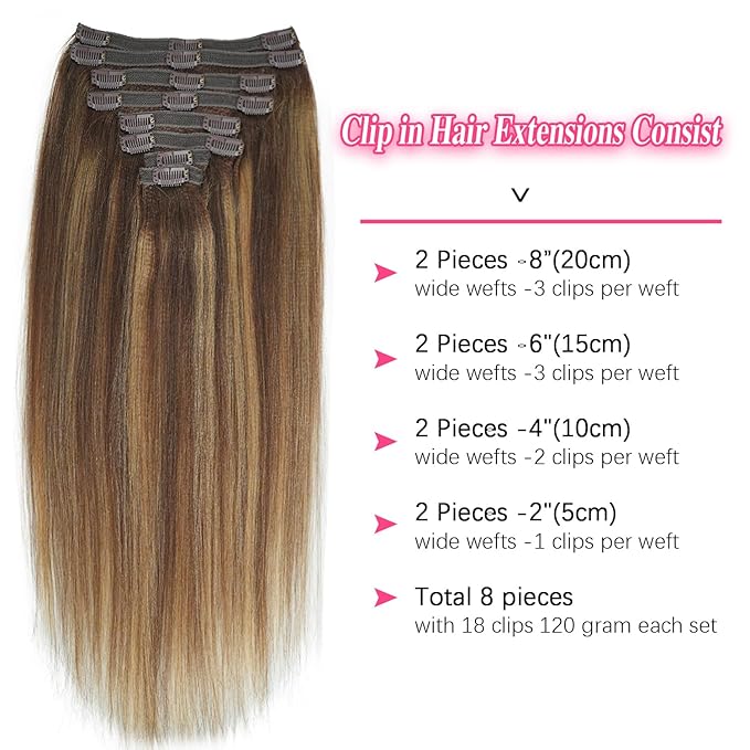 #4/27/4 Highlight Yaki Straight Clip in Hair Extensions Real Human Hair Omber Clip ins For Women Yaki Straight Clip on Hair(18inch,#4/27/4)