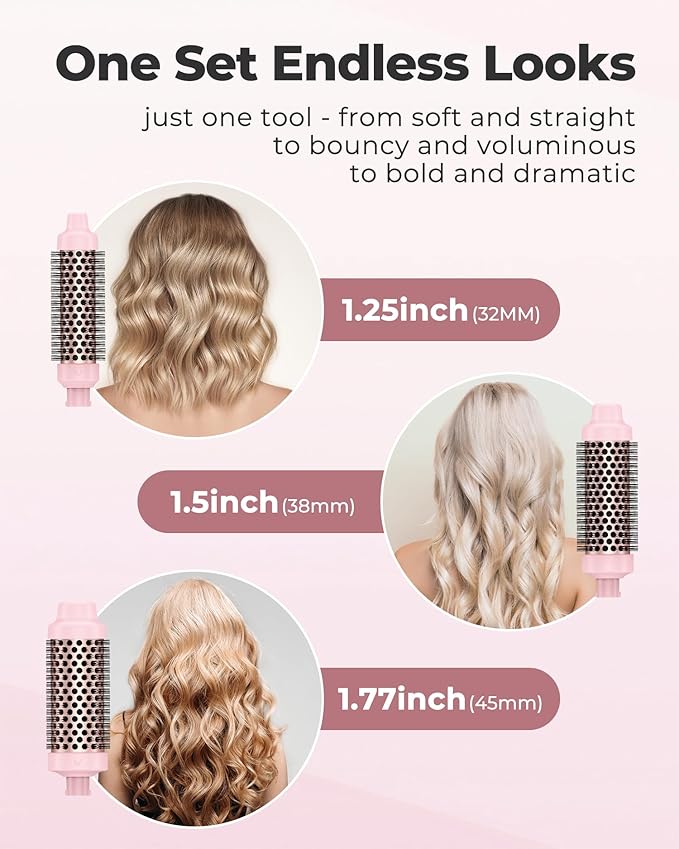 Farery Thermal Brush Set 3 in 1, Ceramic Curling Wand & Hot Brush with 9 Temperatures. 3 Interchangeable Travel Curling Irons for Short, Medium & Long Hair (1.25'', 1.5'' & 1.75'' Barrels)