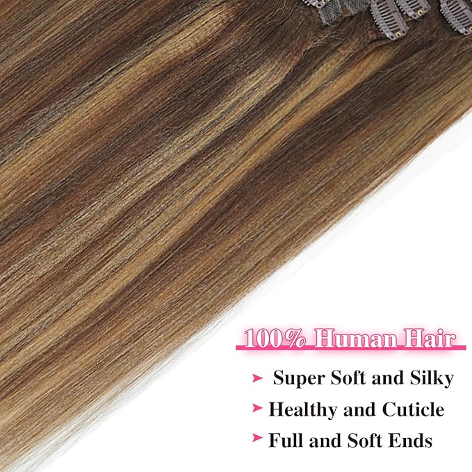 #4/27/4 Highlight Yaki Straight Clip in Hair Extensions Real Human Hair Omber Clip ins For Women Yaki Straight Clip on Hair(12inch,#4/27/4)