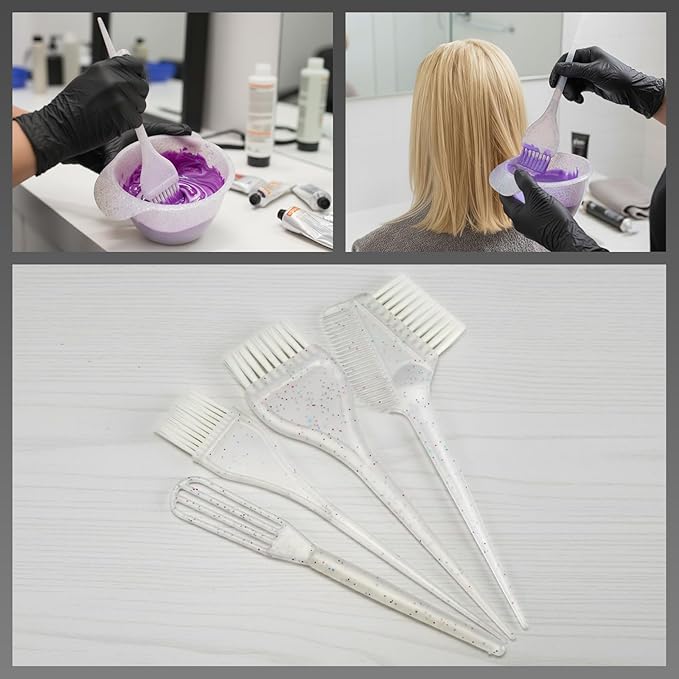 Hair Dye Brush and Bowl - Set of 5 Glitter and Soft Hair Coloring Kit with Mixing Bowl, Brushes, Tint Comb for DIY Hair Dyeing Bleaching Hightlinging at Home and Salon Use - Shiny Bright Sprinkle