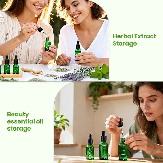 50 Pcs 1/2oz Green Glass Dropper Bottles with Measurement, 30ml Leakproof Tincture Bottles with Funnels, Eye Droppers, Extra Caps & Labels, Refillable Empty Bottles for Tinctures, Essential Oils