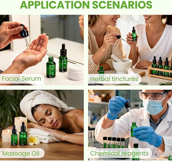 50 Pcs 1/2oz Green Glass Dropper Bottles with Measurement, 30ml Leakproof Tincture Bottles with Funnels, Eye Droppers, Extra Caps & Labels, Refillable Empty Bottles for Tinctures, Essential Oils