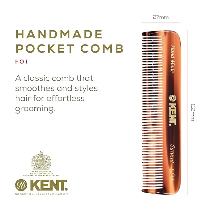 Kent A FOT Tortoiseshell Fine Tooth Handmade Pocket Comb for Men, Women and Kids, Hair Comb Straightener for Grooming and Styling, Beard and Mustache, Saw Cut and Hand Polished, Made in England