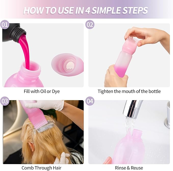 4PCS Root Comb Applicator Bottle 6oz,Hair Oil Applicator with Graduated Scale, Hair Oiling Bottle Brush for Home or Salon Use（4 Colors