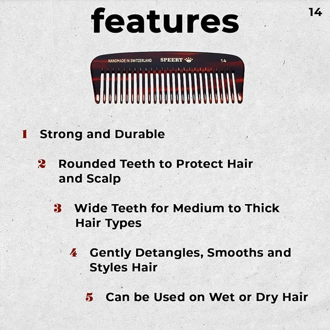#14 Handmade Wide Tooth Comb Tortoise Havana Acetate Thick Coarse Curly Detangling Parting Grooming Teasing Hair Styling Hairdresser Barber Hairdressing Wet Dry Pocket Travel Women Men Kids