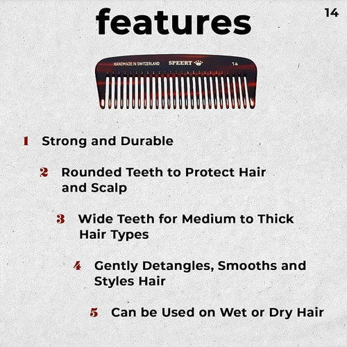 #14 Handmade Wide Tooth Comb Tortoise Havana Acetate Thick Coarse Curly Detangling Parting Grooming Teasing Hair Styling Hairdresser Barber Hairdressing Wet Dry Pocket Travel Women Men Kids