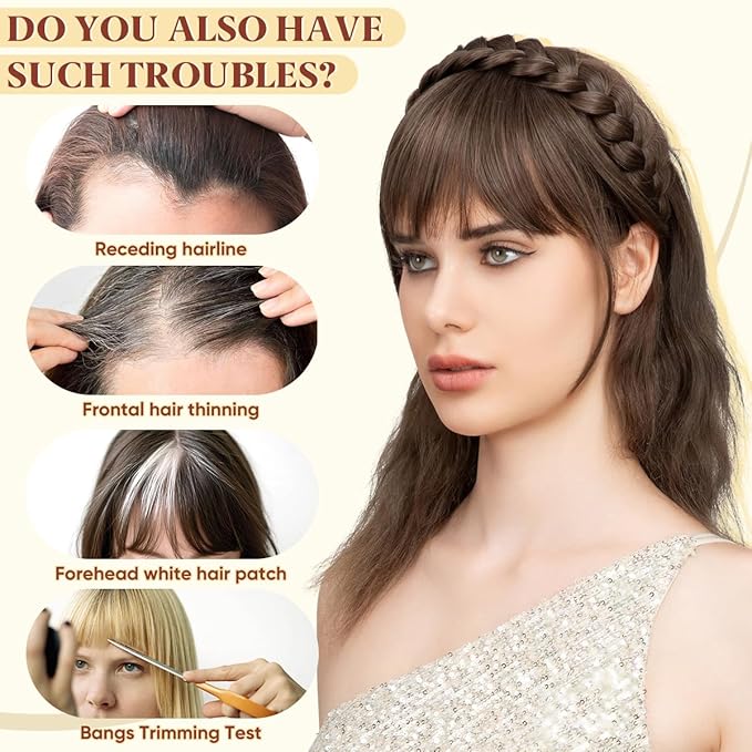 SARLA Braided Headband with 3 Detachable Clip in Bangs Fringe Hairpieces Fake Synthetic Hair Band Bangs for Women Bernstein Multi
