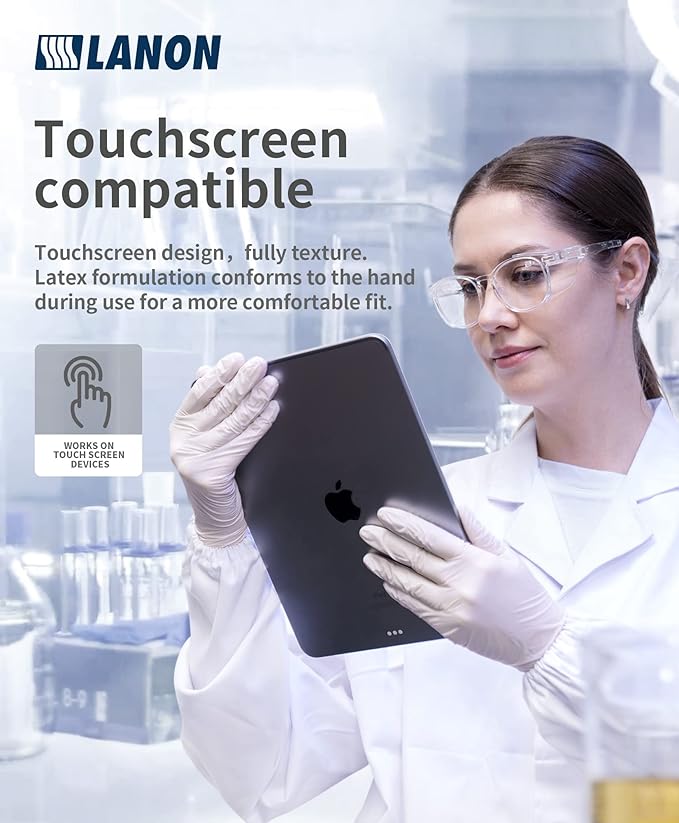 LANON 5 mil Latex Disposable Gloves, Food-Contact Grade, Powder-Free, Fully Textured, White, Medium