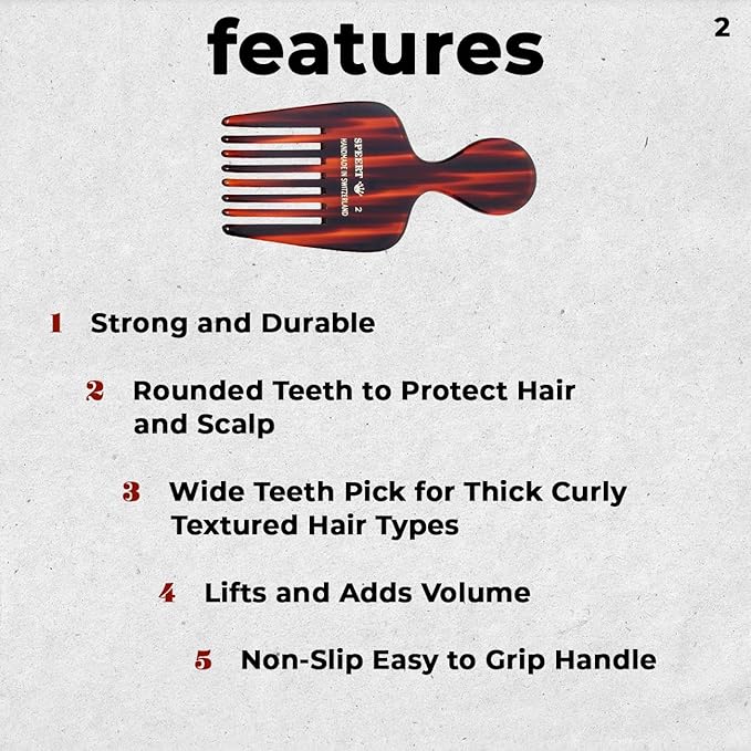 #2 Handmade Wide Tooth Hair Pick - Tortoise Havana Acetate Thick Coarse Curly Textured Hair Detangling Parting Grooming Teasing Styling - Wet & Dry Use for Women, Men & Kids