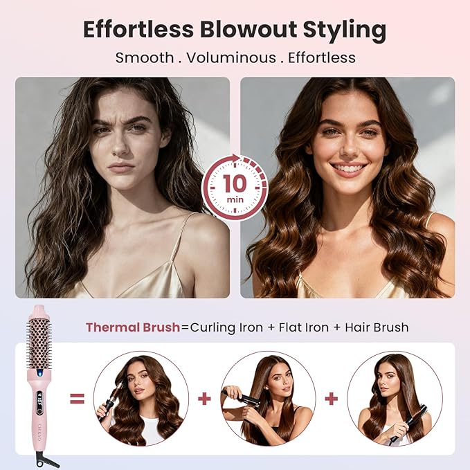 CHIKYO 38mm Thermal Brush, 1.5 Inch Heated Round Brush, Negative Ion Curly Hair Brush, Curling Iron with Dual Voltage & Dual PTC & 6 Heat Settings, Pink