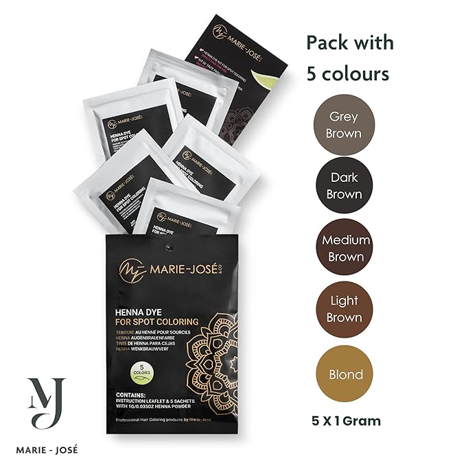 Marie-José Henna Dye - Professional Henna Tint for Spot Coloring - Covers Grey Hair - Root Touch Up - Good for 50 Applications (5 Colors Set)