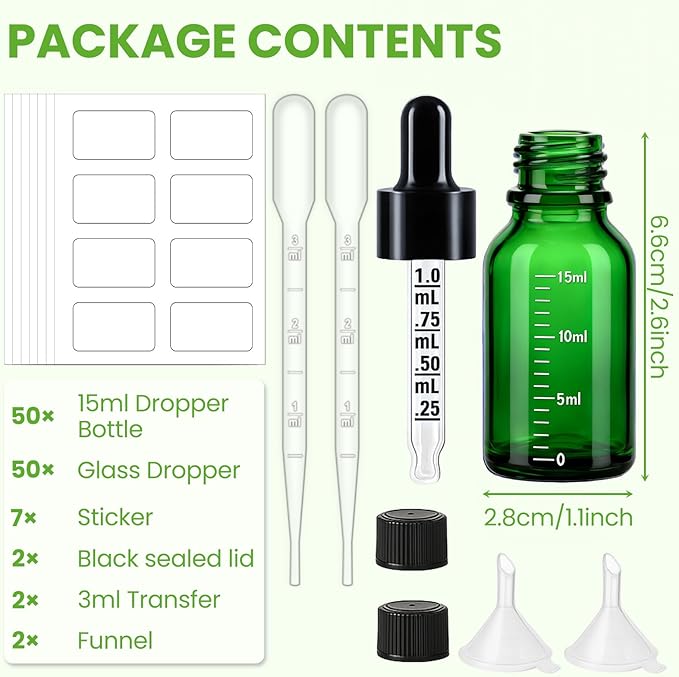 50 Pcs 1/2oz Green Glass Dropper Bottles with Measurement, 30ml Leakproof Tincture Bottles with Funnels, Eye Droppers, Extra Caps & Labels, Refillable Empty Bottles for Tinctures, Essential Oils