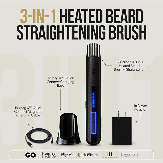 The Beard Struggle Carbon X Heated Beard Brush, Cordless Beard Straightener for Men with Adjustable Temperature 160–200°C – Ionic Anti-Frizz Carbon X Technology Beard Straightening Brush
